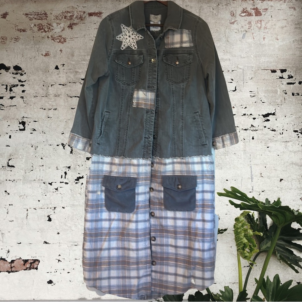 Upcycled boho flannel jean jacket duster